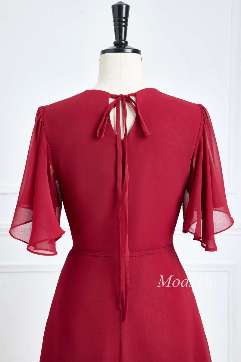 Wine Red Chiffon Surplice Neck A-Line Long Bridesmaid Dress