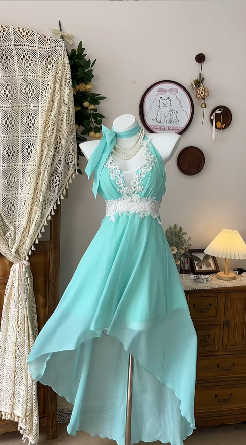 Retro Blue-green Applique Design A-line Chiffon Elegant Homecoming Dress Birthday Dress Party Dress HZ0319