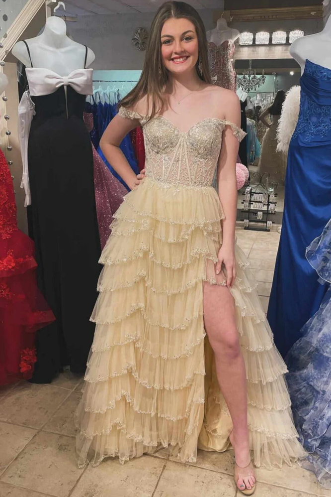 Stunning Off-Shoulder Sweetheart A-Line Layered Prom Dress with Slit