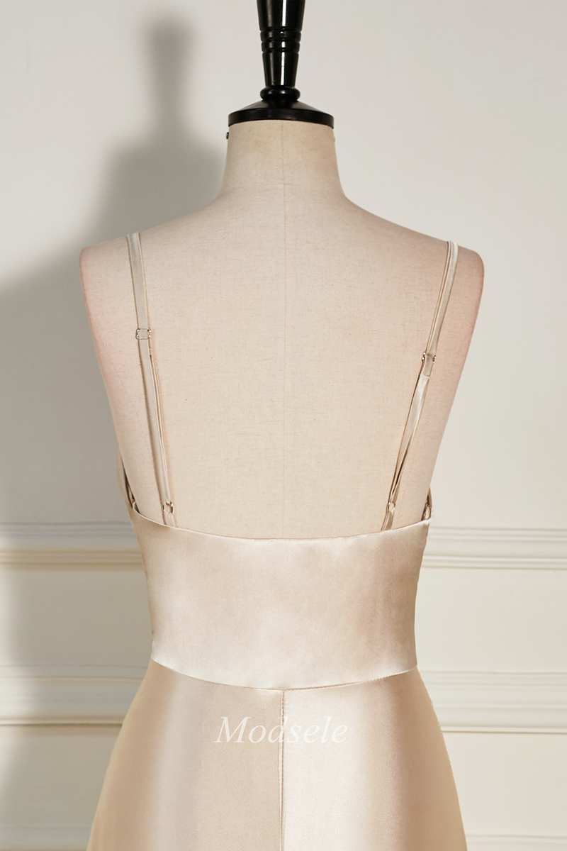 Champagne Cowl Neck A-Line Long Dress with Spaghetti Straps