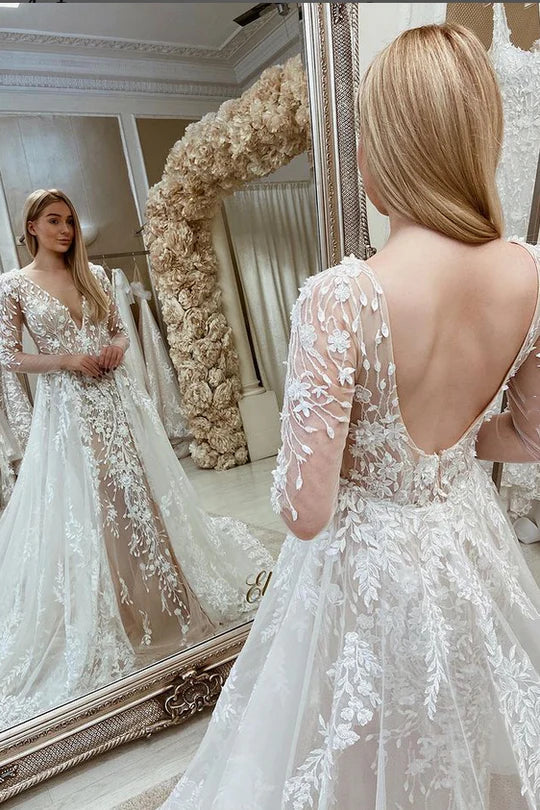 Lace Backless Mermaid Wedding Dress with Attached Train