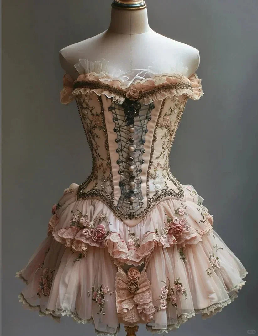 Retro Strapless 3D Flowers Design Lolita Princess Dress A-line Beaded Chiffon Party Dress Homecoming Dress HZ1024