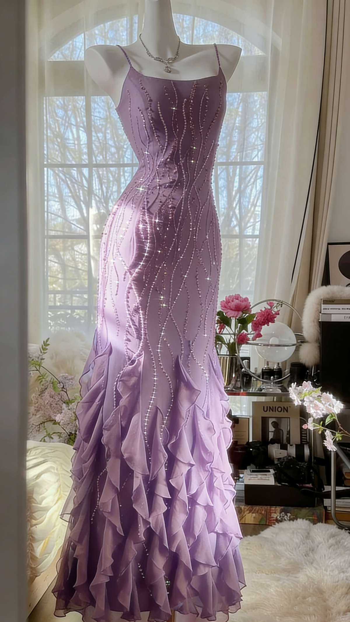 Designers Beaded Prom Dress Long Cascade Ruffled Evening Gown