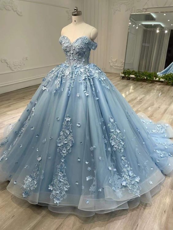 Gorgeous Blue Sweetheart Applique Sweet 16 Quinceanera A-Line Floor-length Prom Dress Birthday Dress Evening Dress Ball Gown HZ1024