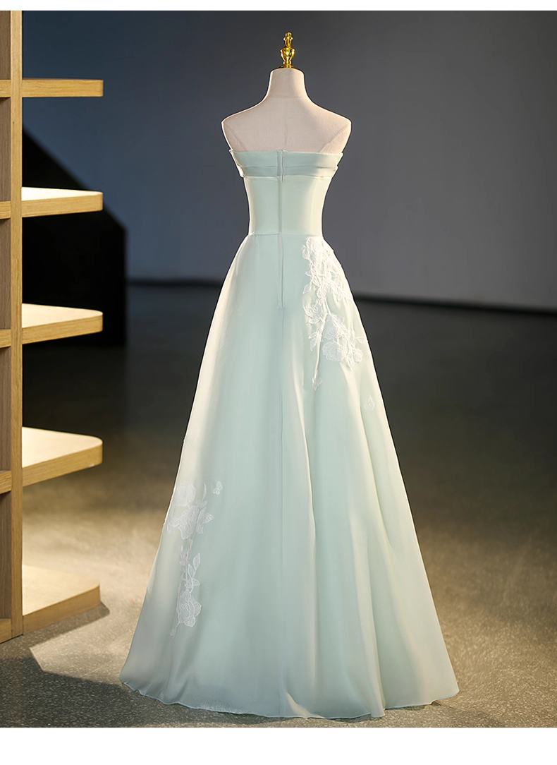 Vintage Sage Green A-Line Applique Evening Gown Satin Strapless Party Dress Long Formal Dress HZ1024