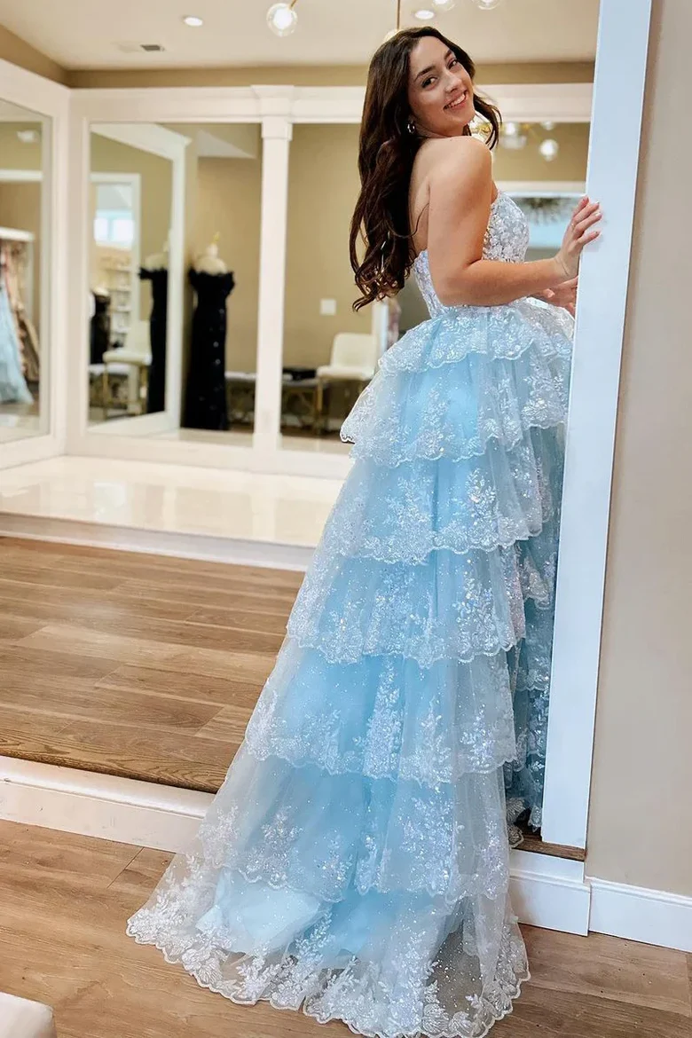 Red Strapless A-Line Sequins Appliques Ruffles Prom Dress Long with Slit