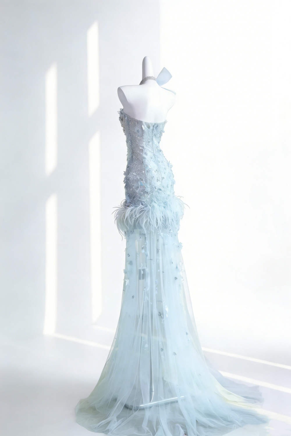 Light Blue Feather & Beaded Mermaid Gown - Ethereal Tulle Train Evening Dress gh6944