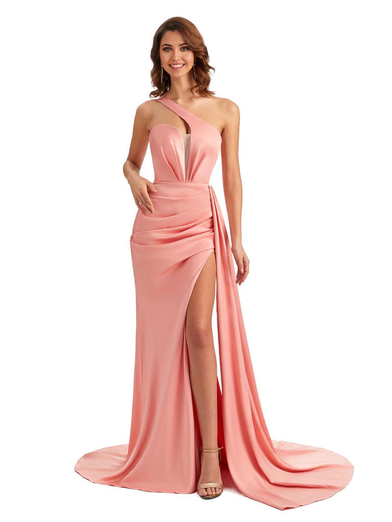 Mermaid One Shoulder Satin formal dresses evening gown Bridesmaid Dresses With Side Slit
