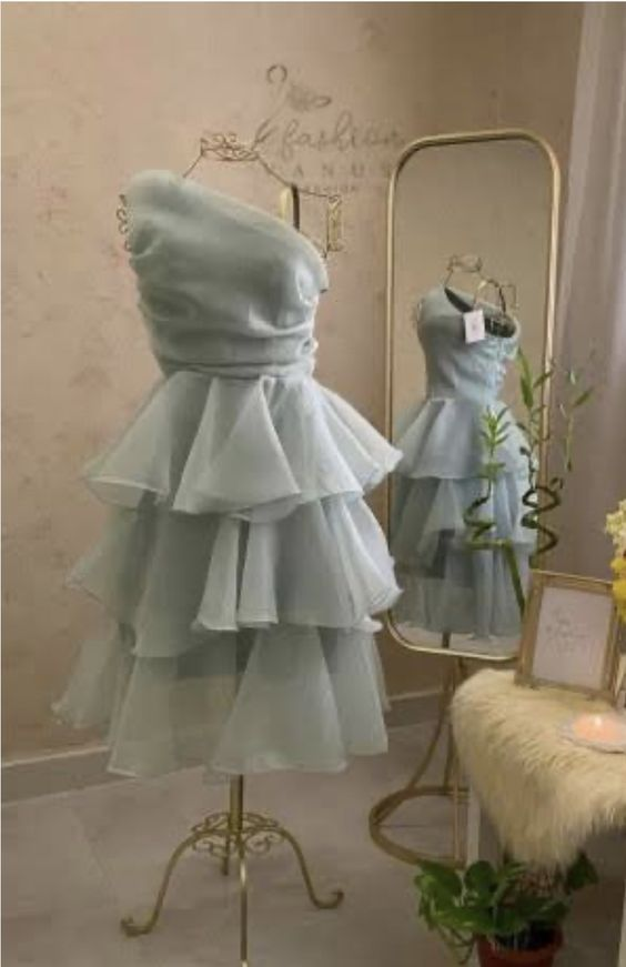 Elegant One Shoulder Blue Layered Homecoming Dress Mini Party Gown cc1718