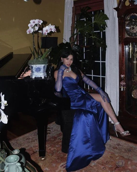 Fancy Leg Slit Prom Dress Tight Satin Evening Gowns with Sleeves