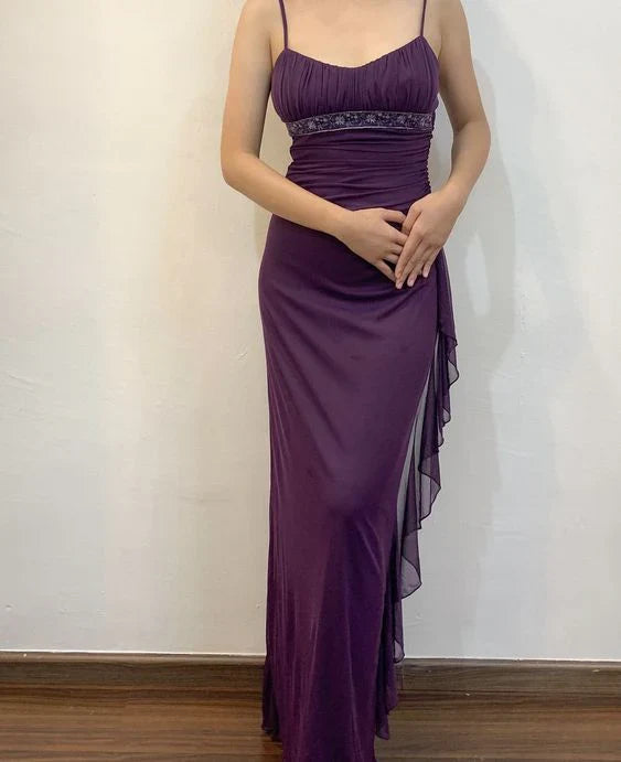Aimishang Elegant Dresses Gowns Evening Dresses Spaghetti Straps Purple Sheath Formal Party Dress Ruffle Long Prom Dress