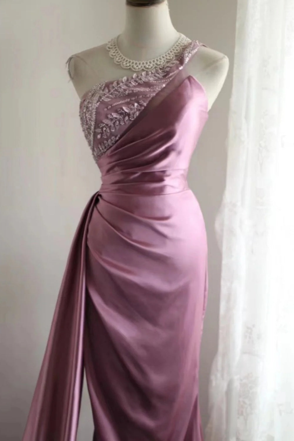 Pink bead elegant long fashion dress satin dress gh6644