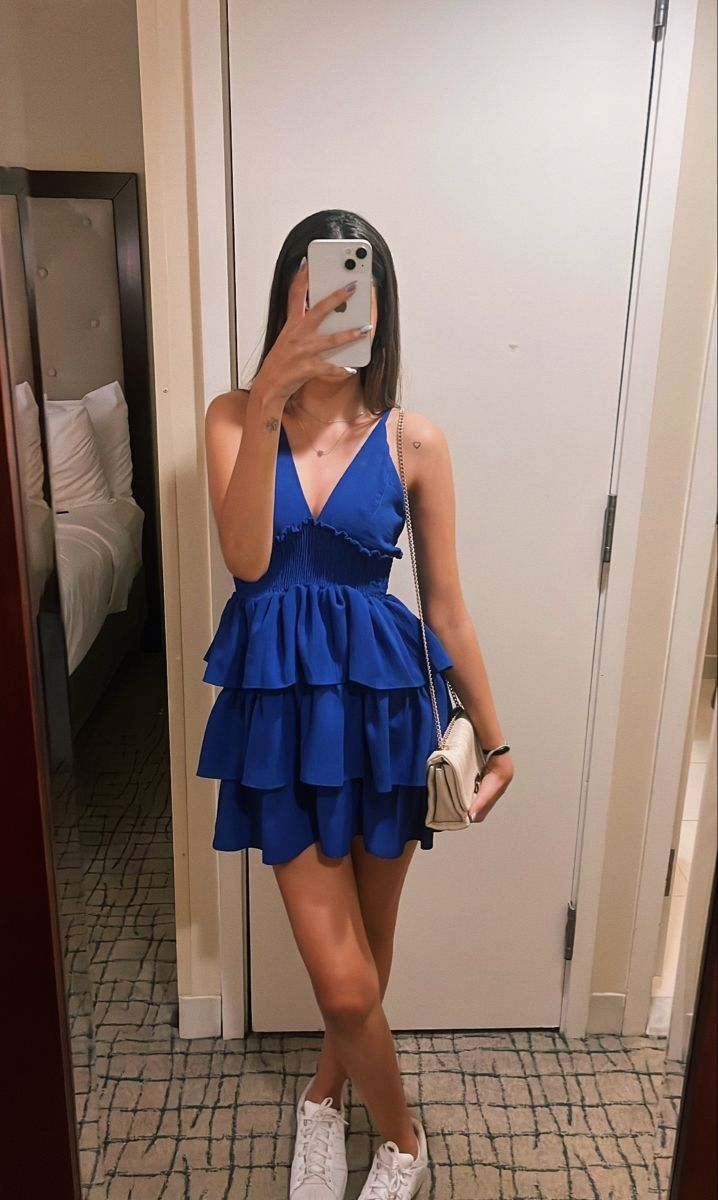 Blue V Neck Layered Satin A Line Homecoming Dress Mini Party Dress cc1571