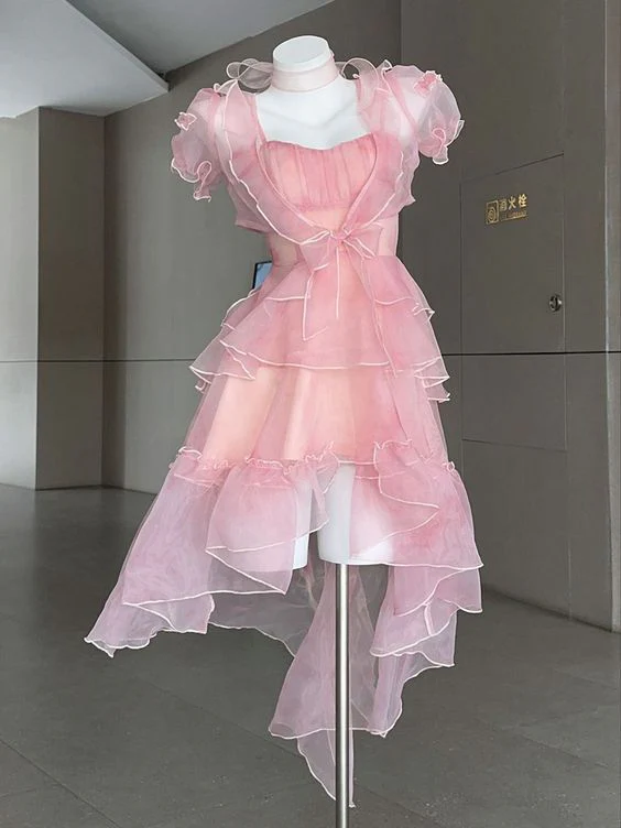 Flowing Pink Tulle Layered Homecoming Dress Short Prom Dress cc1715