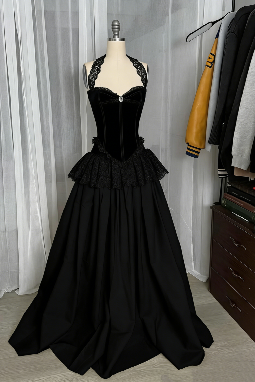 Halter Sleeveless Champagne Lace Train Gown | Fairy Luxury Corset Ruffle Maxi Dress for Gala Ball gh6464
