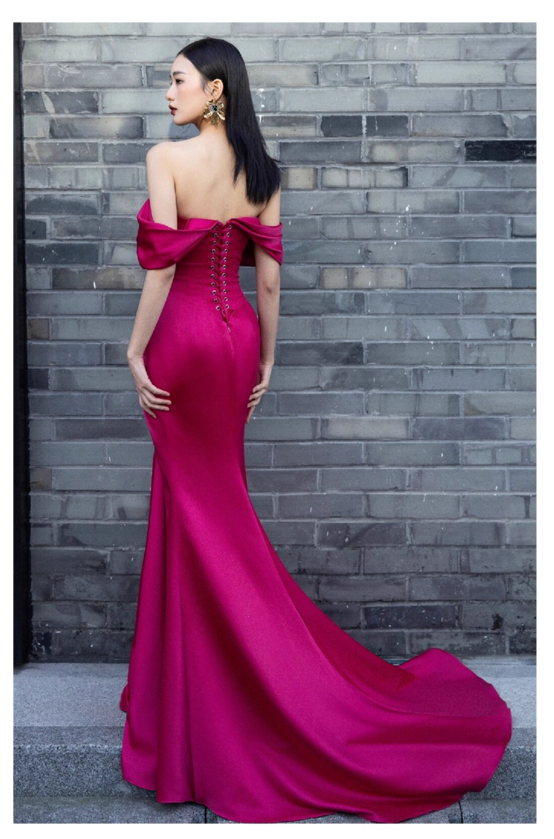Elegant Hot Pink Off-the-shoulder Prom Dress Satin Evening Gown Mermaid Party Dress Trailing Long Formal Dress HZ1024