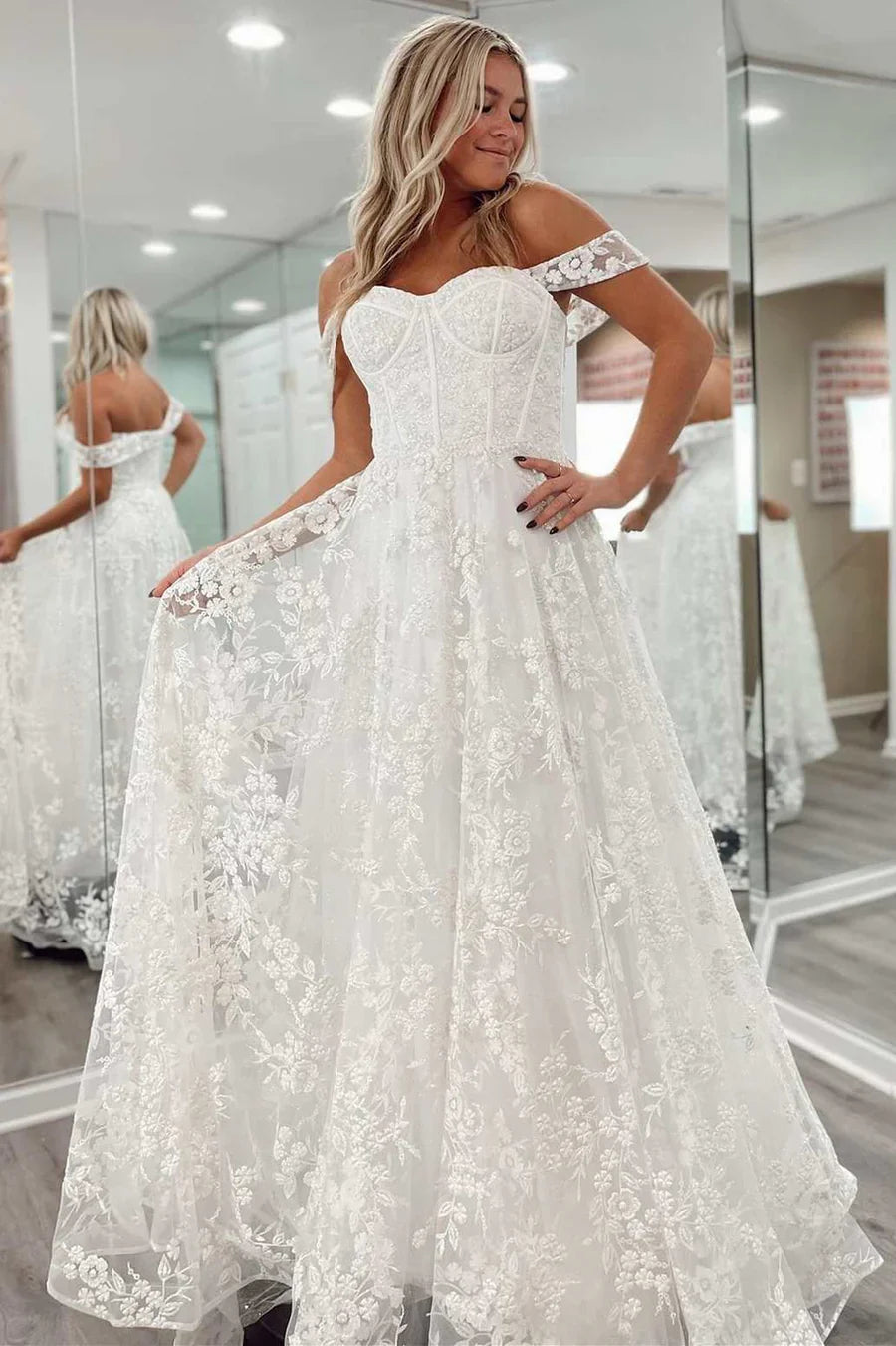 Floral Lace Off-the-Shoulder A-Line Bridal Gown