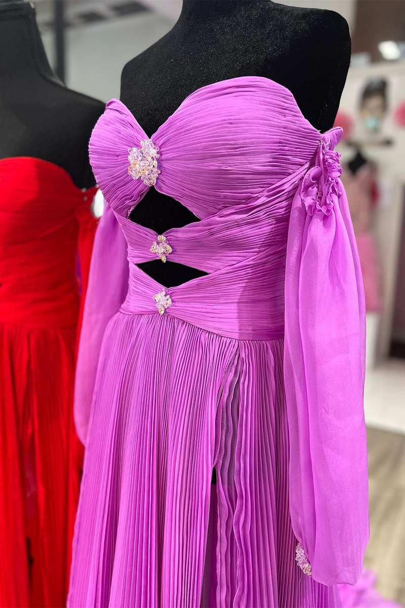 Off-Shoulder Beaded Strapless Cutout Long Prom Dress with Balloon Sleeves
