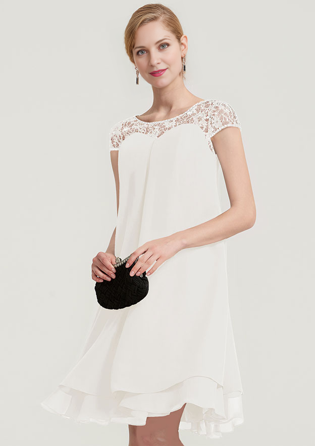 A-linePrincess Bateau Short Sleeve Knee-Length Chiffon Mother of the Bride Dress With Beading Ruffles Short
