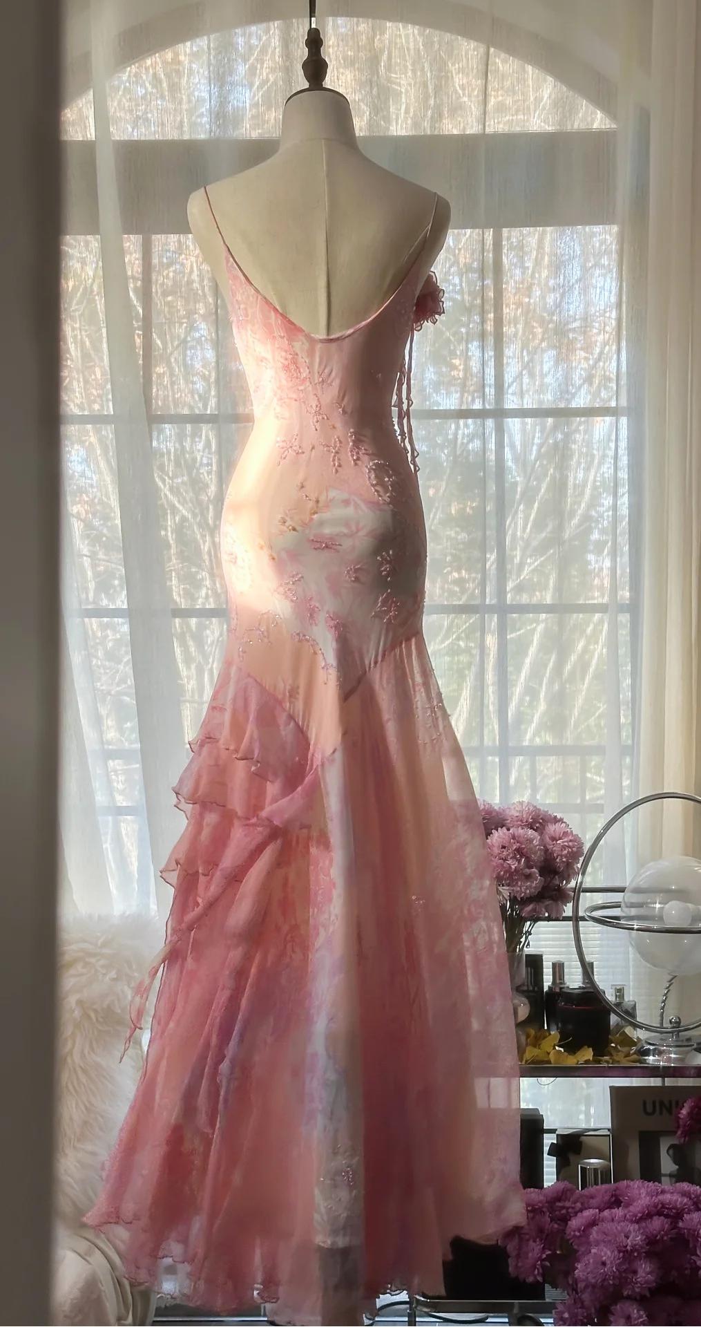 Vintage Pink Floral A-line Spaghetti Strap Irregular Hem Evening Dress Prom Dresses HZ1024