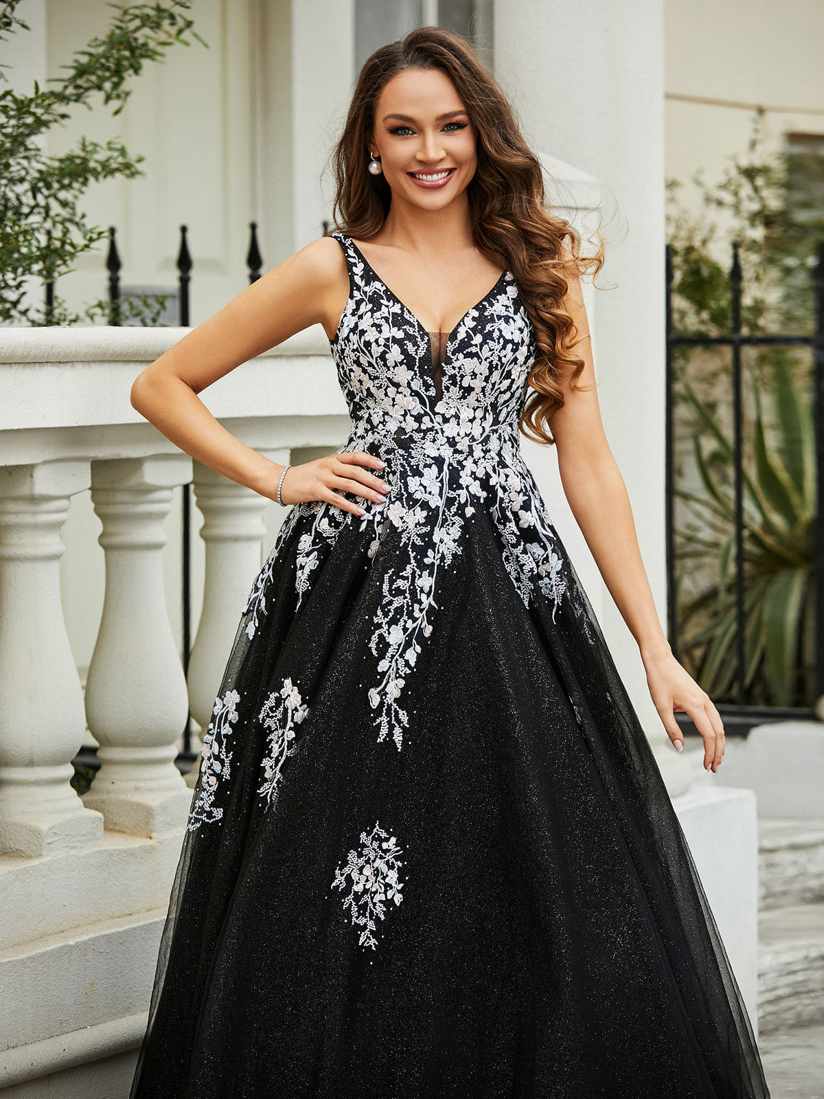 Plunging V-Neck Open Back Tulle Gown Black