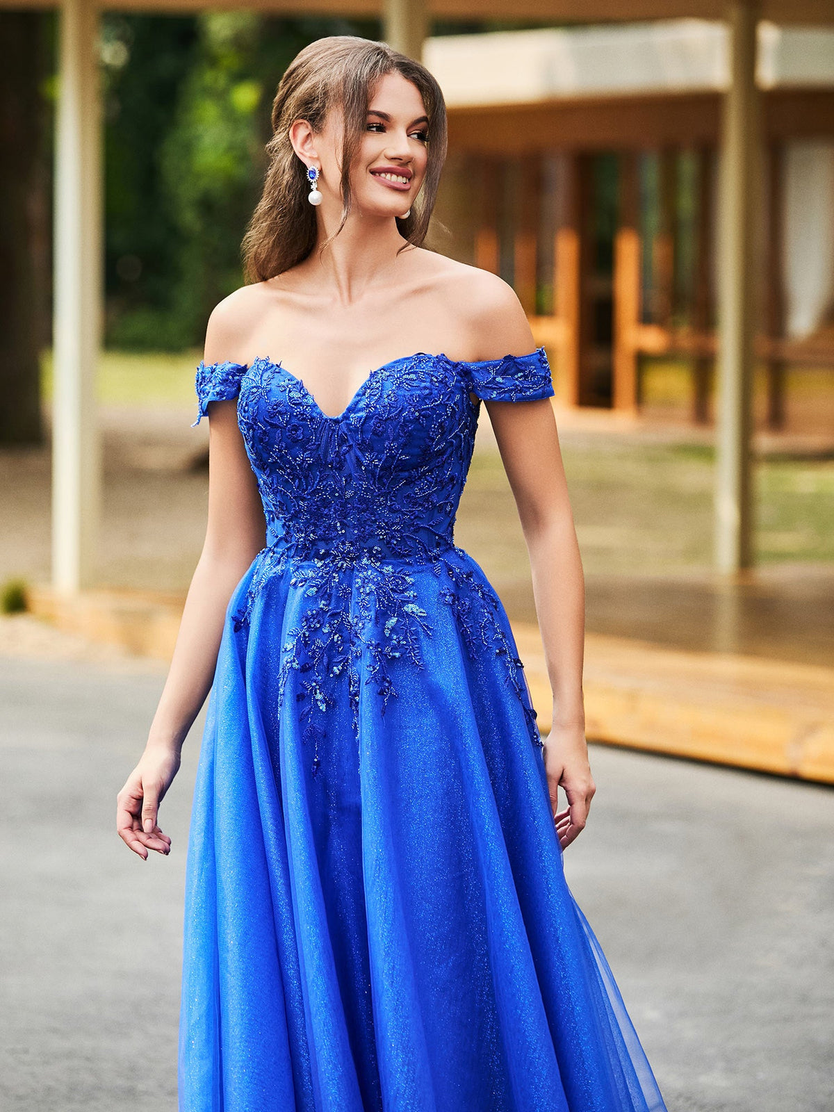 Off-the-shoulder A-line Sequins Dress with Beaded Royal Blue