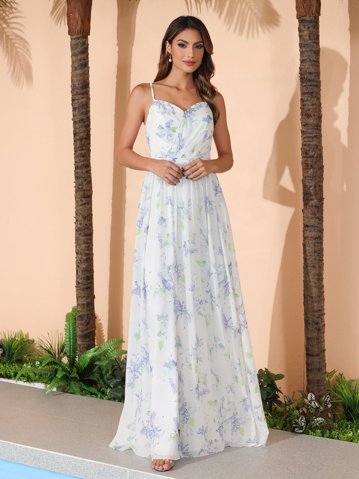 Lavender Floral V-neck Spaghetti Straps Bridesmaid Dress