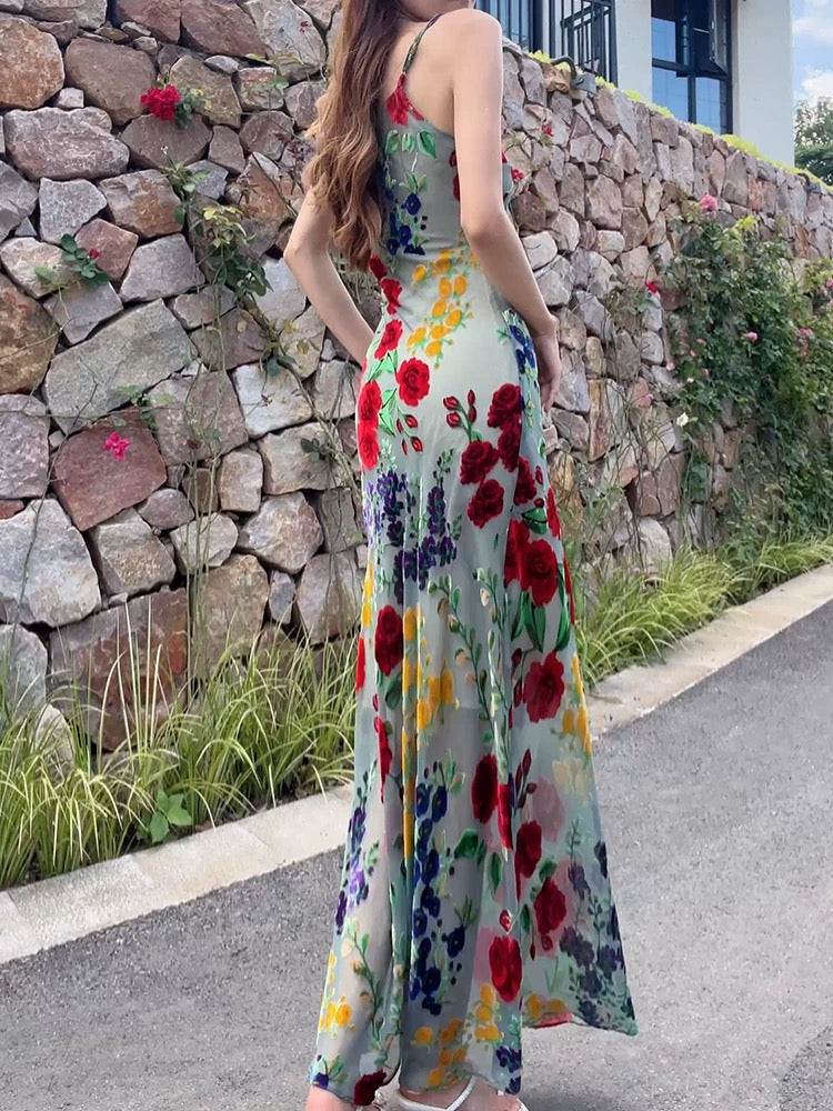 Modest Sheath Spaghetti Straps Floral Red Long Prom Dresses Evening Dress HZ1024