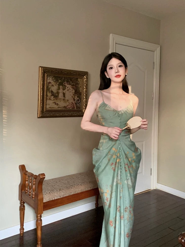 Modest Sheath Spaghetti Straps Green Floral Long Prom Dresses Backless Evening Dress HZ1024