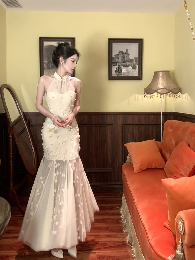 Modest Mermaid High Neckline White Tulle Floral Prom Dresses Sexy Evening Dress HZ1024