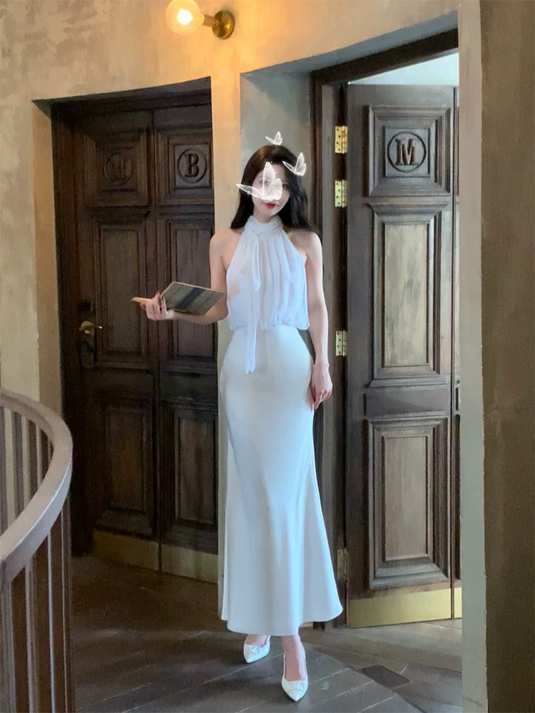 Pretty Mermaid Halter Sleeveless White Chiffon Long Prom Dresses Evening Dress HZ1024