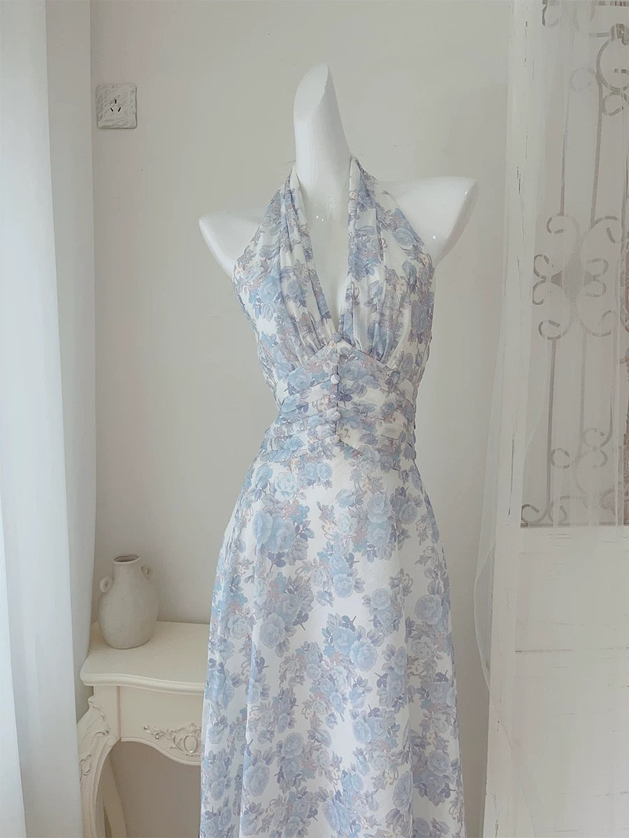 French A line Halter Lilac Floral Long Chiffon Prom Dresses Evening Dress HZ1024