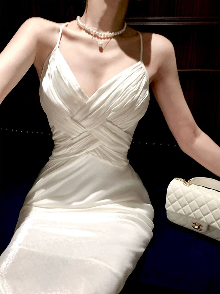 Classy Sheath Spaghetti Straps Sleeveless White Long Prom Dresses Evening Dress HZ1024