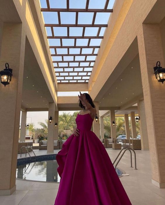 Fancy Ball Gown Strapless Hot Pink Long Prom Dresses Evening Dress HZ1024
