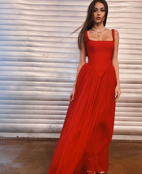 Fancy A line Straps Red Tulle Long Prom Dresses Ruffles Evening Dress HZ1024