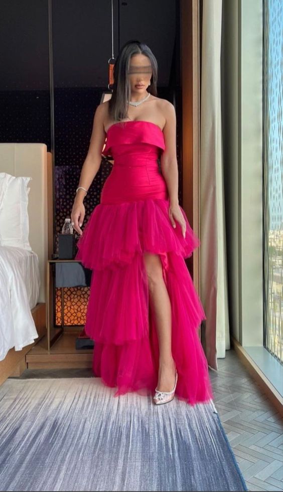 Pretty Sheath Strapless Hot Pink Layers Prom Dresses Formal Evening Dress HZ1024