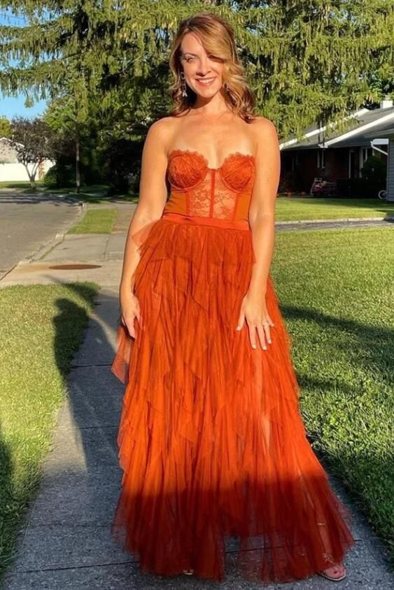 Pretty A line Sweetheart Rust Red Lace Ruffles Layers Tulle Prom Dresses Formal Evening Dress HZ1024