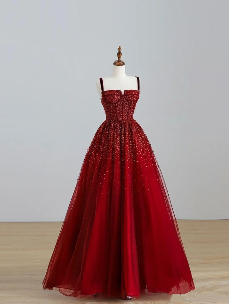 Pretty A line Straps Tulle Sequin Long Burgundy Prom Dresses Formal Evening Dress HZ1024