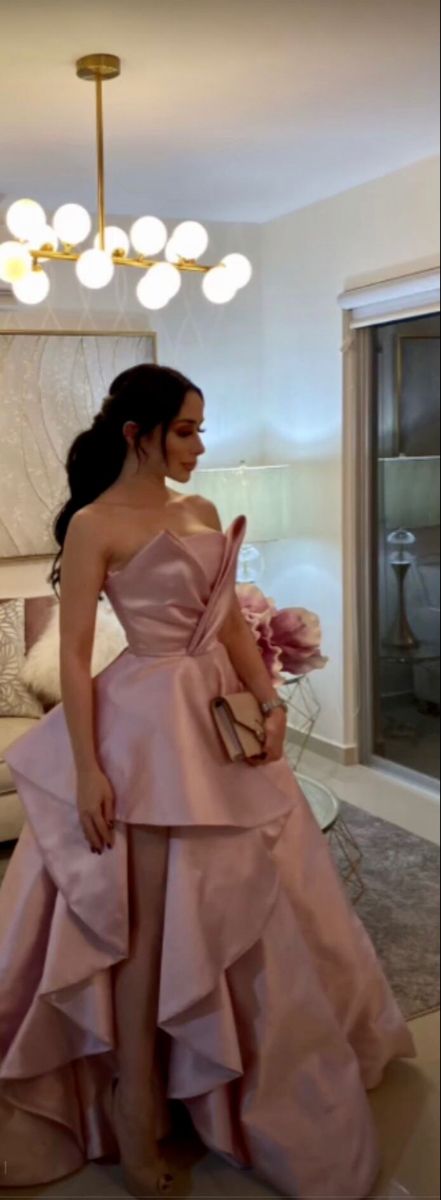 Gorgeous High Low Strapless Satin Layers Pink Prom Dresses Formal Evening Dress HZ1024