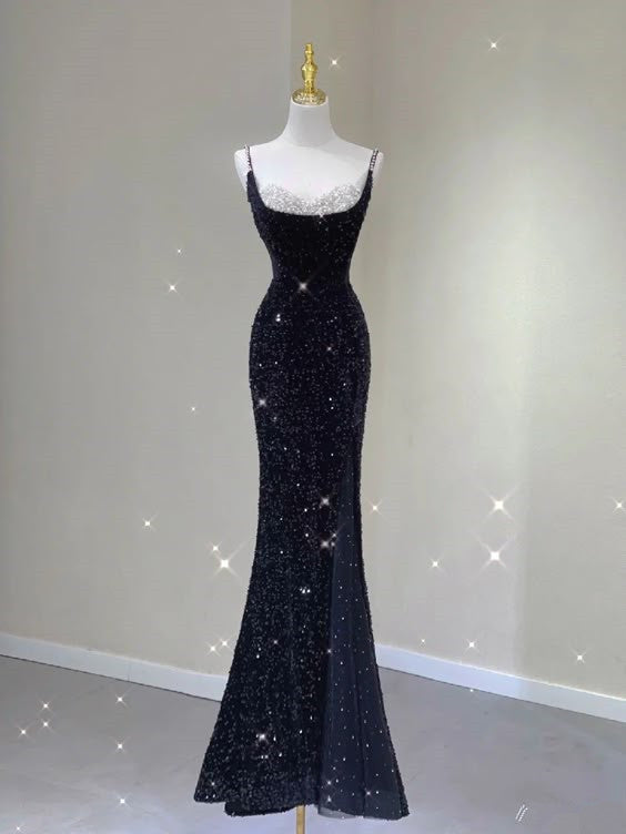Sexy Mermaid Spaghetti Straps Black Sequin Long Prom Dresses Evening Dress With Slit HZ1024