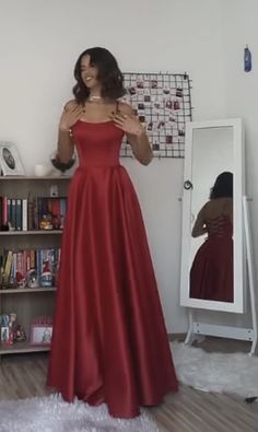 Pretty A line Spaghetti Straps Red Satin Slit Long Prom Dresses Evening Dress HZ1024