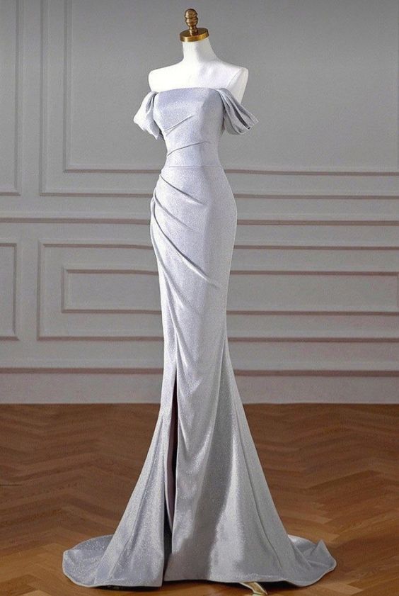 Elegant Mermaid Off The Shoulder Neckline Short Sleeves Slit Prom Dresses Long Evening Dress HZ1024