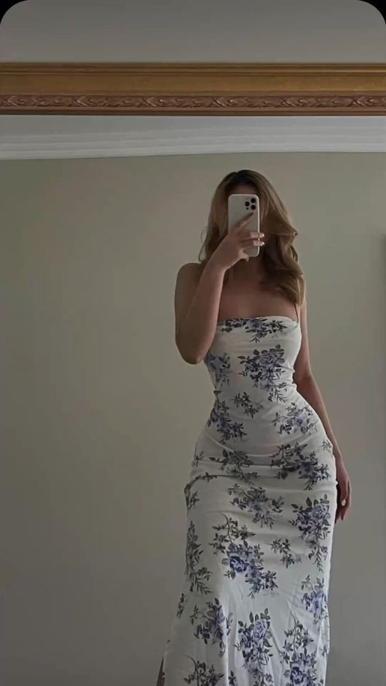Elegant Sheath Strapless Long Blue Floral Prom Dresses Evening Dress HZ1024