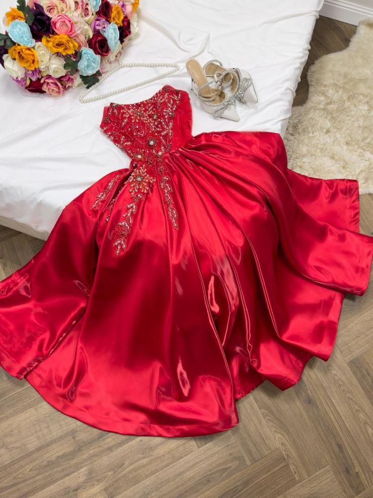 Modest A Line Strapless Sleeveless Red Satin Ruffles Beads Long Prom Dresses Evening Dress HZ1024