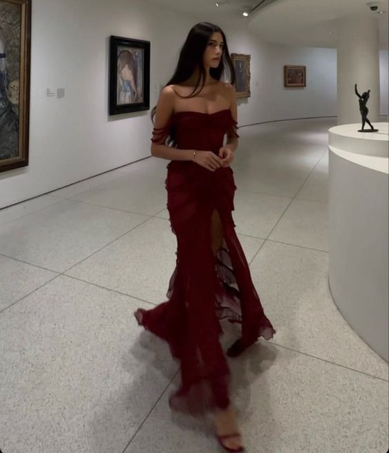 Burgundy Chiffon Slit Formal Evening Gown, Long Party Prom Dress HZ1024