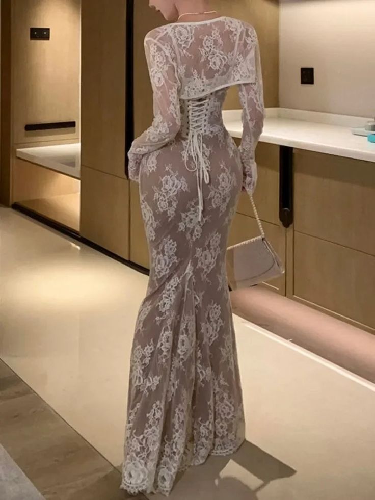 Elegant Bodycon Slim Lace Dress Vintage Casual Backless Bandage Party Dress Prom Dresses Evening Dress HZ1024