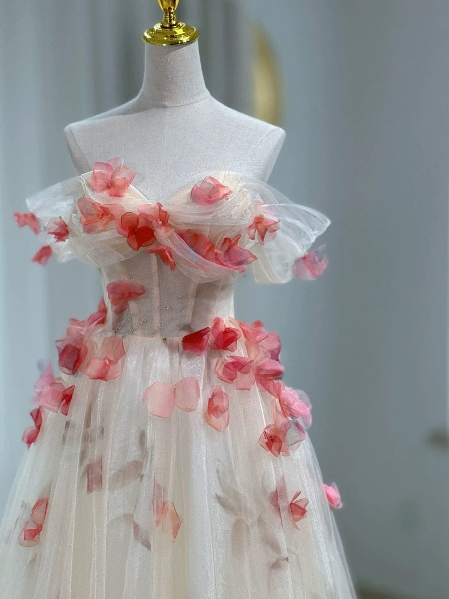 Elegant A-Line Off The Shoulder Flowers Tulle Long Prom Dress Evening Dress HZ1024