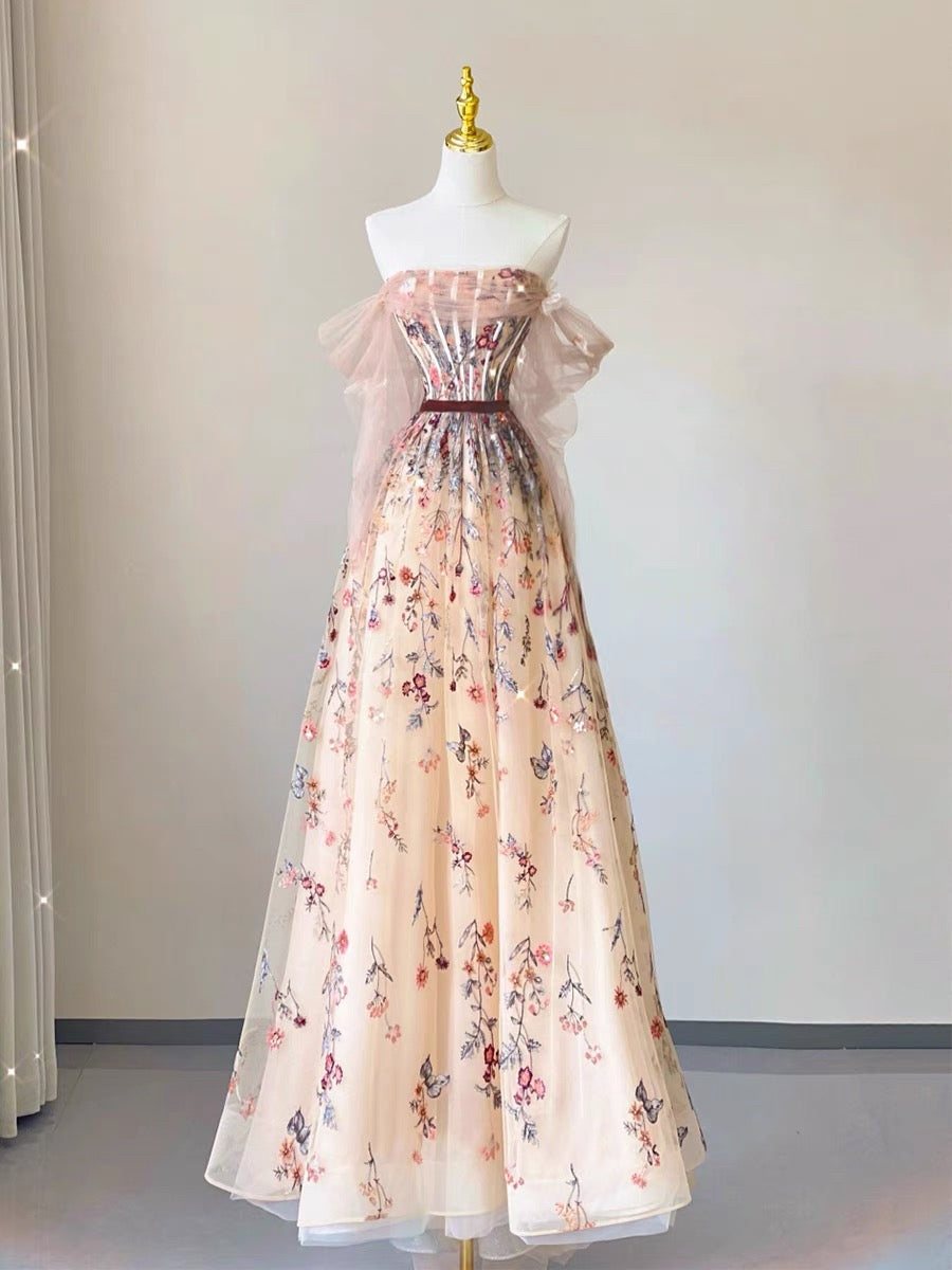 Elegant A Line Strapless Off The Shoulder Floral Lace Long Prom Dress Evening Dresses HZ1024