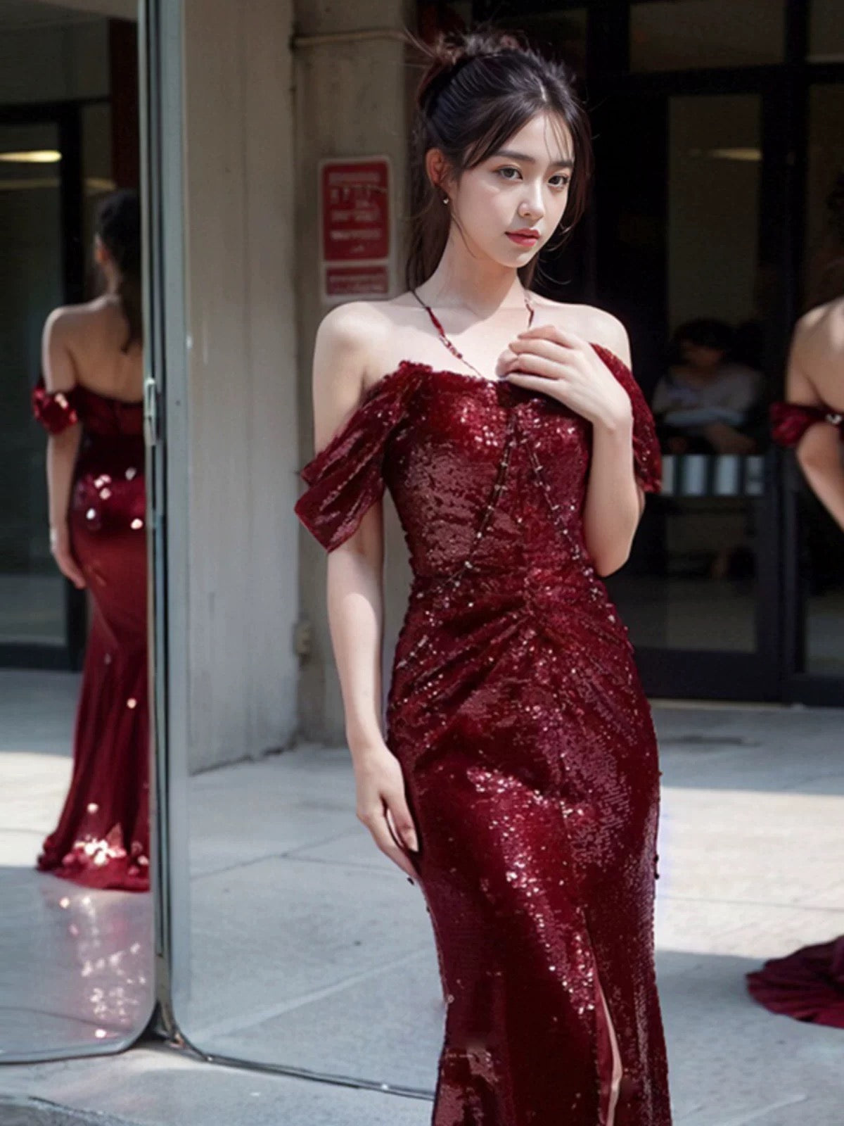 Elegant Mermaid Off The Shoulder Burgundy Sequin Long Prom Dress Evening Dresses HZ1024