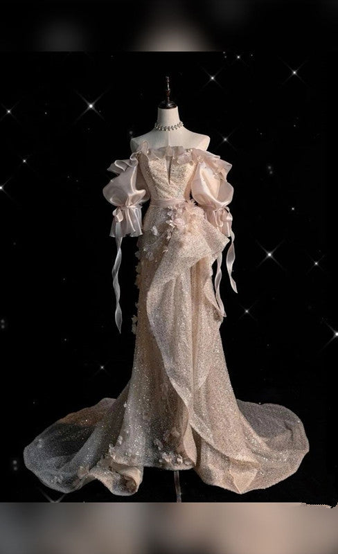 Pretty Ball Gown Off The Shoulder Sequins Long Ruffles Evening Dress Prom Dresses HZ1024